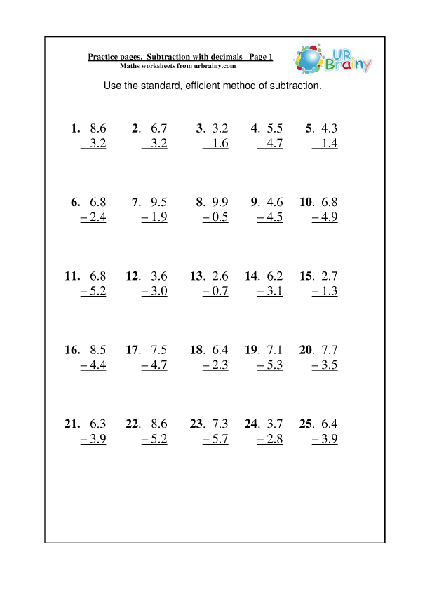 Subtraction Practice With Decimals Subtraction Maths Worksheets For 