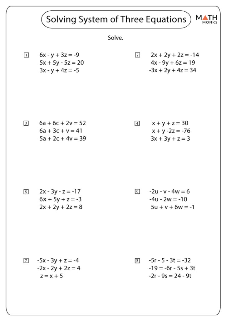 Systems Of Equations Worksheets Math Monks