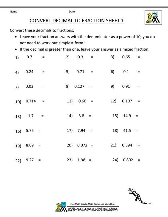 Convert Fraction To Decimal Worksheet Pdf