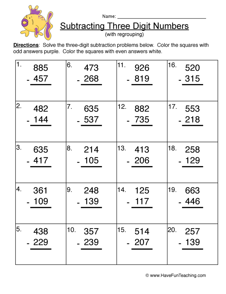 Triple Digit Subtraction Regrouping Worksheet Have Fun Teaching