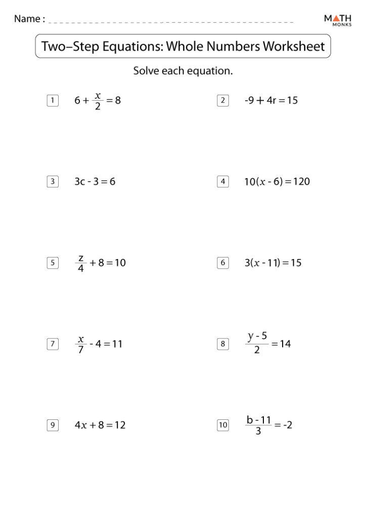 Two Step Equations Worksheets Math Monks