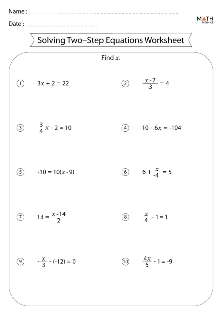 Two Step Equations Worksheets Math Monks