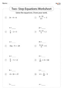 Two Step Equations Worksheets Math Monks