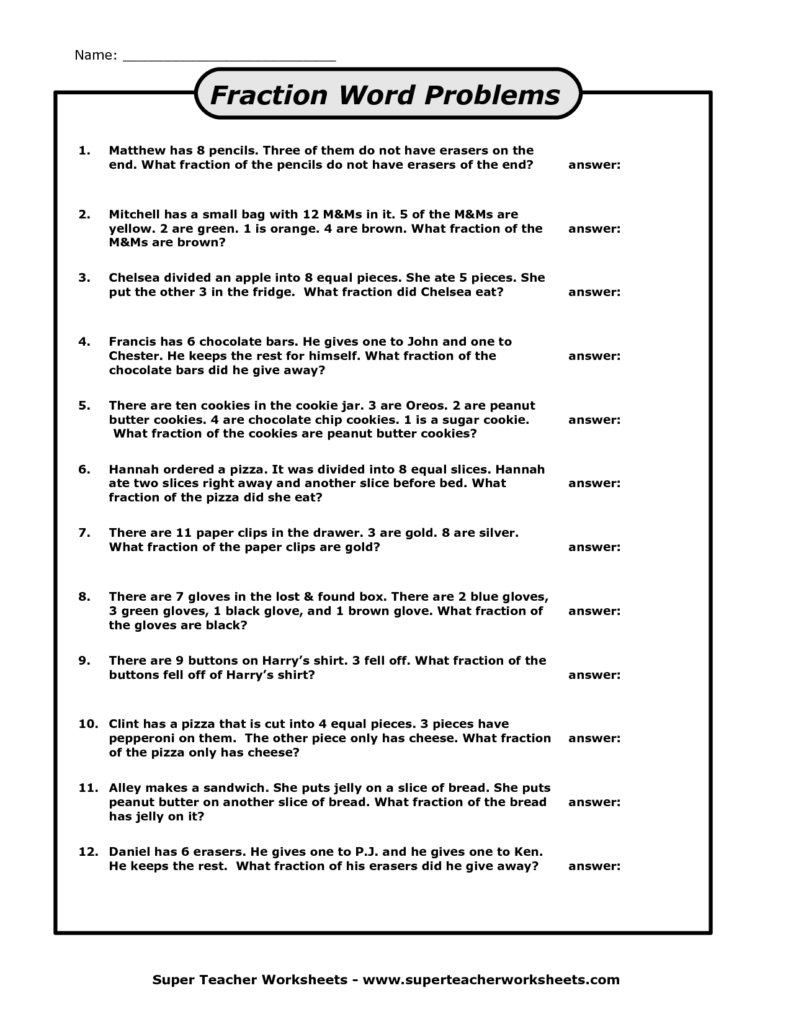 Word Problem Worksheets Grade 4 Fraction Fraction Word Problems 