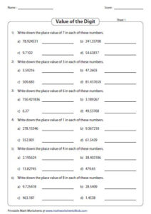 Write Down The Place Value Of The Specified Digit Math Fact