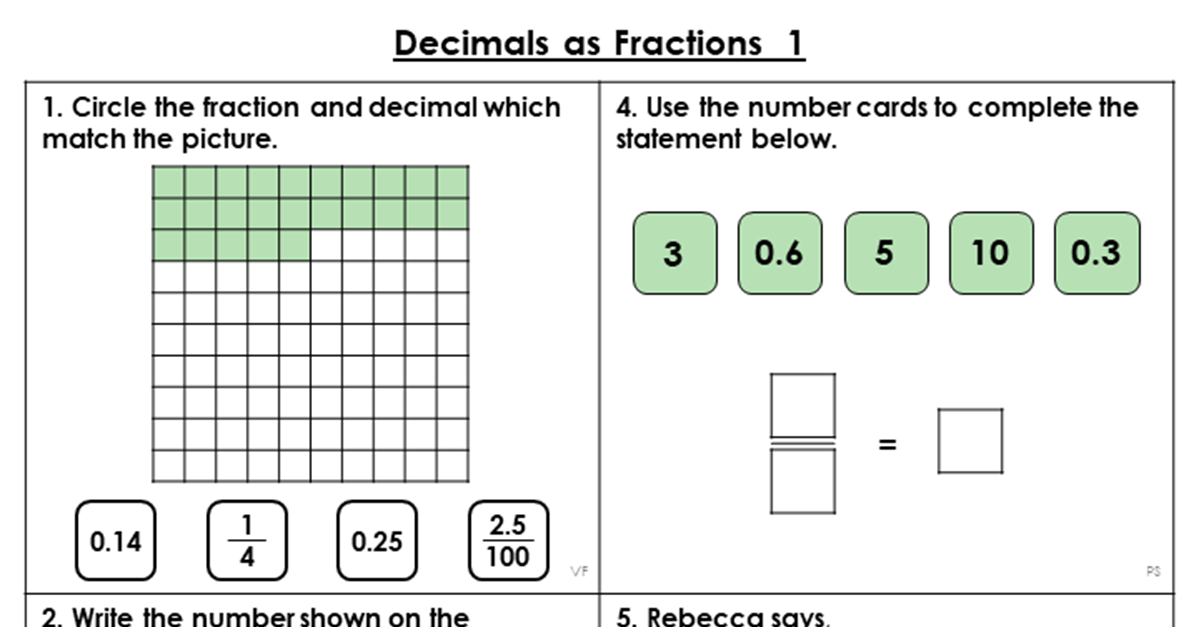 Equivalent Fractions Percentages And Decimals Worksheet